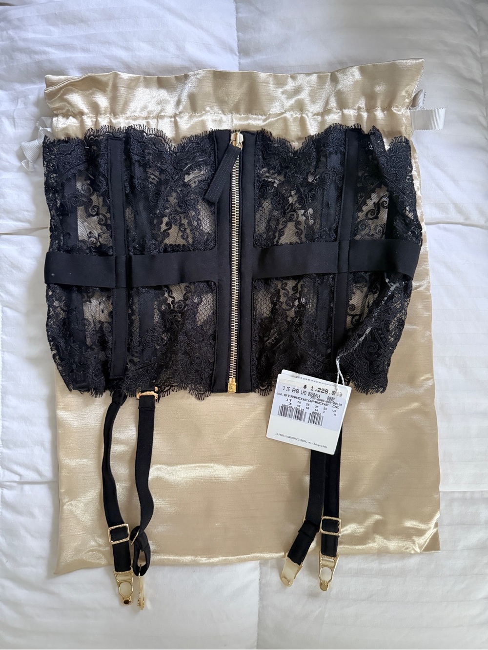 La Perla Black Lace Garter Corset with Gold-Tone Accents